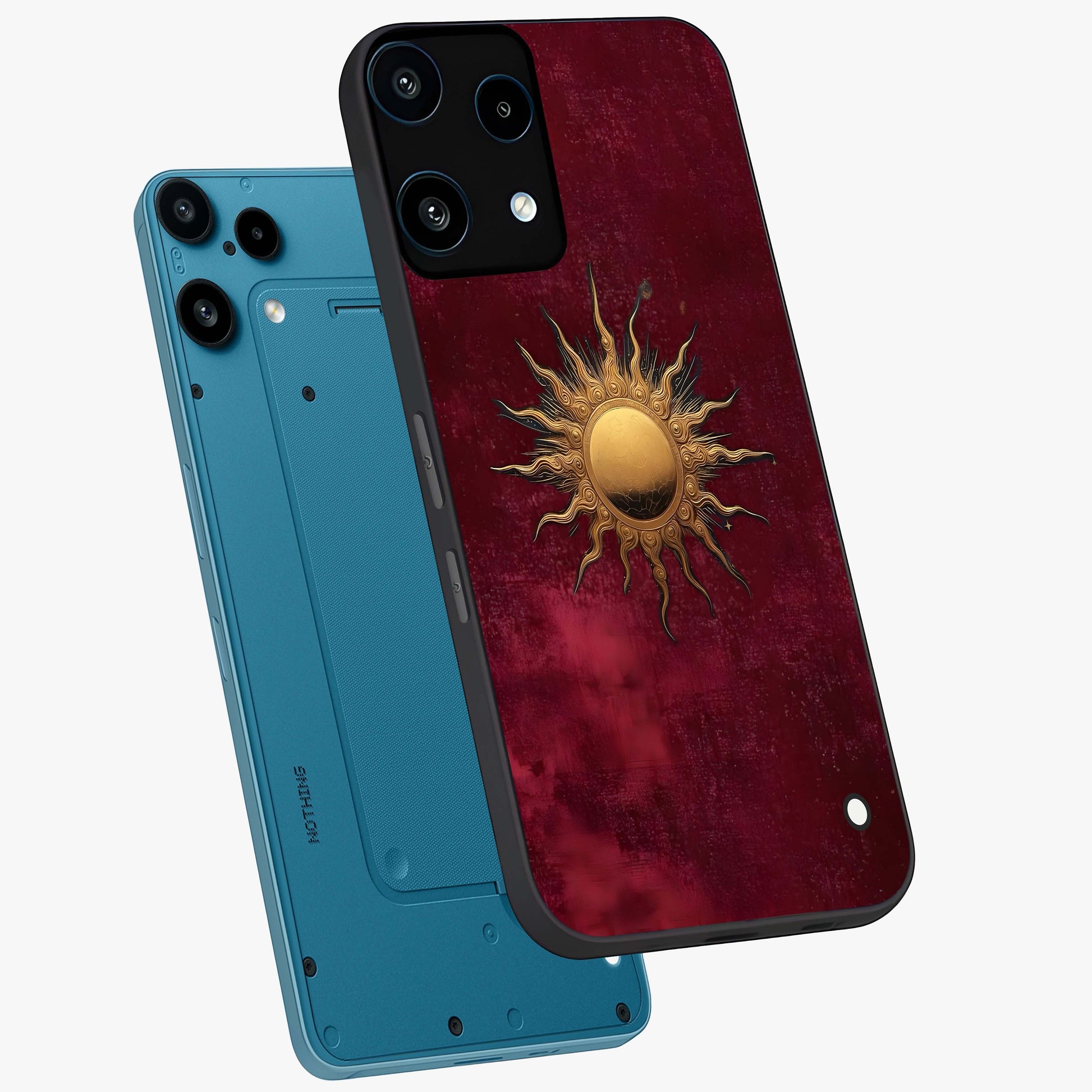 Golden Sun Minimalism Glass Case displayed in angled mockup highlighting clean sun symbol design with modern minimal aesthetic.