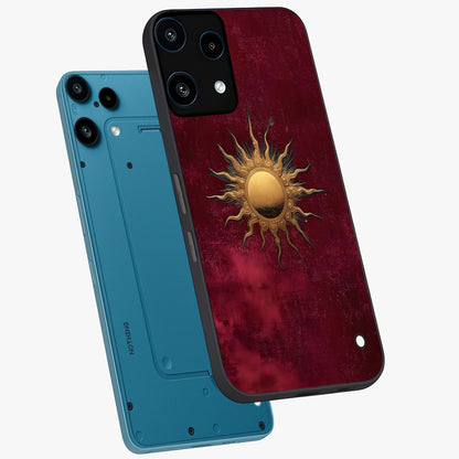 Golden Sun Minimalism Glass Case displayed in angled mockup highlighting clean sun symbol design with modern minimal aesthetic.
