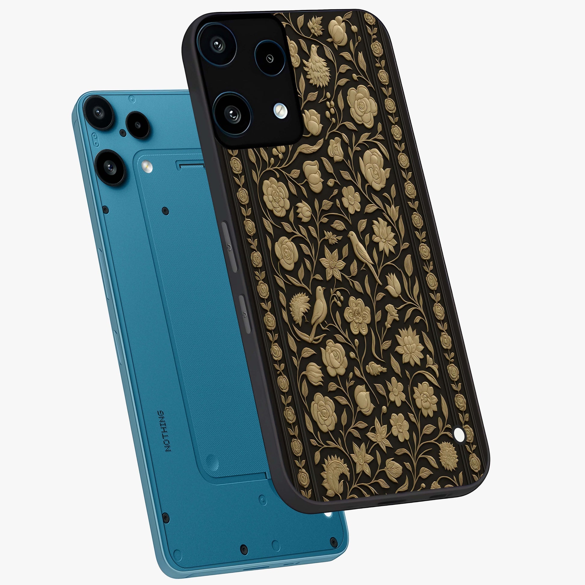 Golden Evil Eye Mandala Glass Case displayed in angled mockup highlighting protective evil eye symbol with golden mandala design.