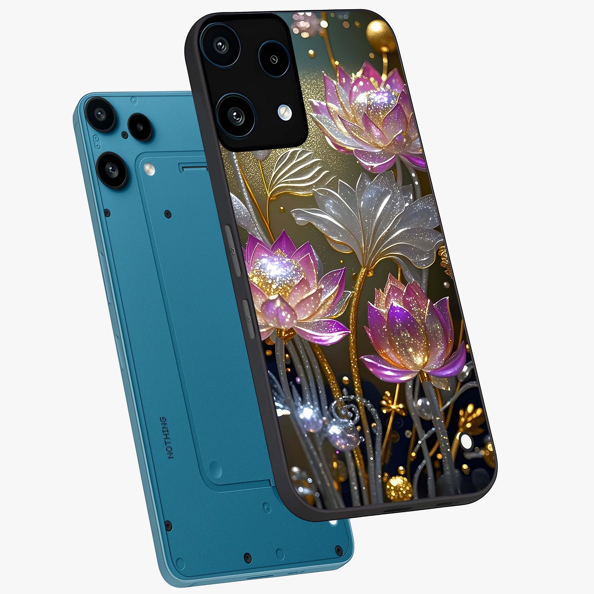 Golden Floral Majesty Glass Case displayed in angled mockup highlighting elegant flower design with royal golden aesthetic.
