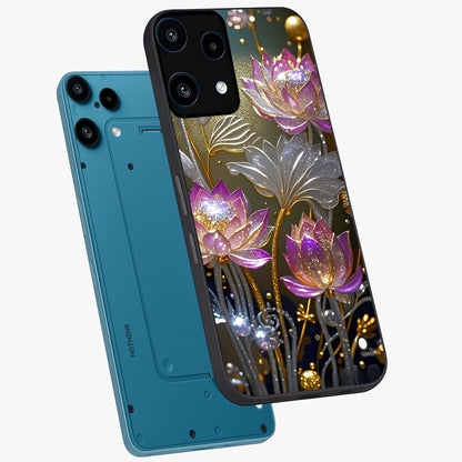 Golden Floral Majesty Glass Case displayed in angled mockup highlighting elegant flower design with royal golden aesthetic.