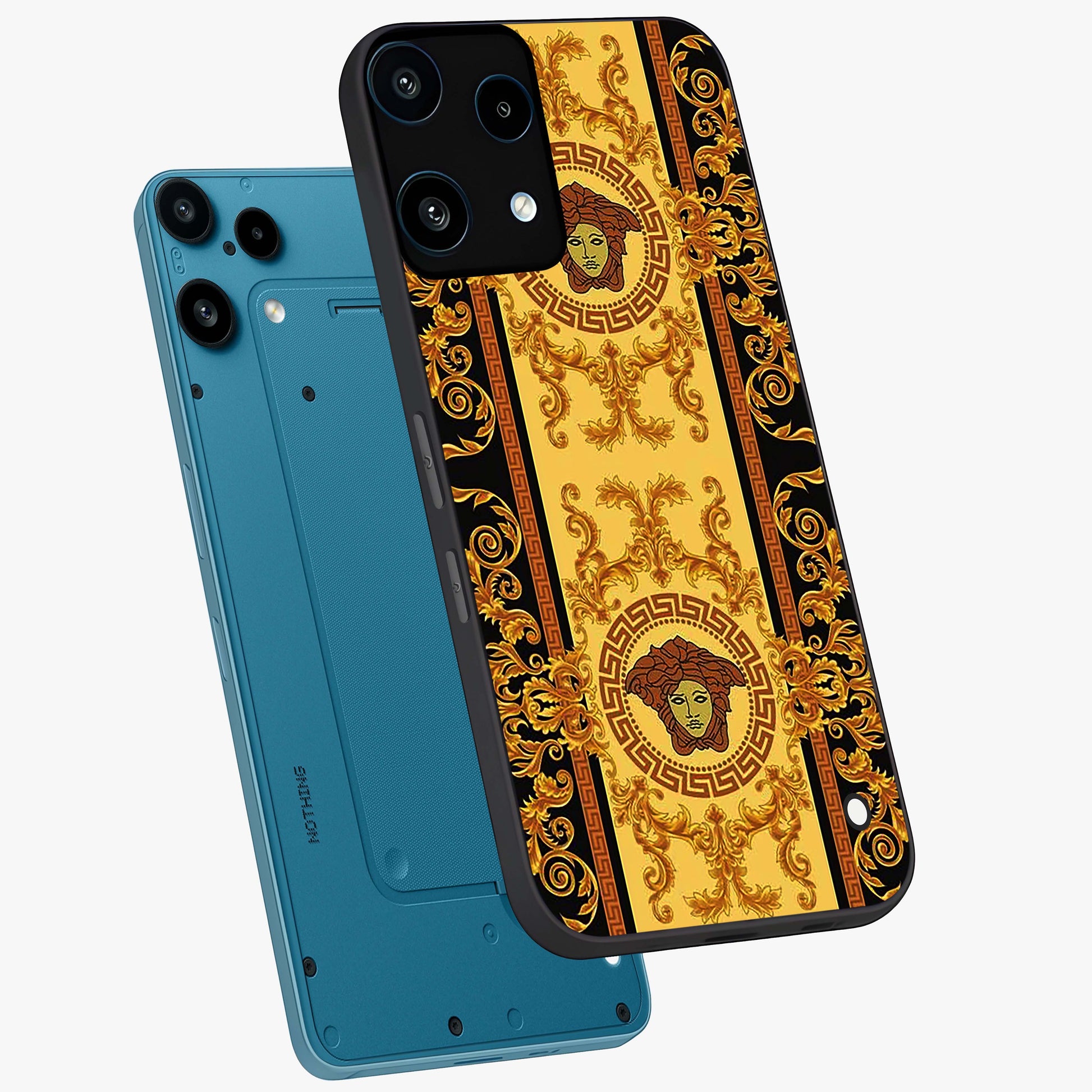 Golden Lotus Glow Glass Case displayed in angled mockup highlighting radiant lotus illustration with spiritual aesthetic.