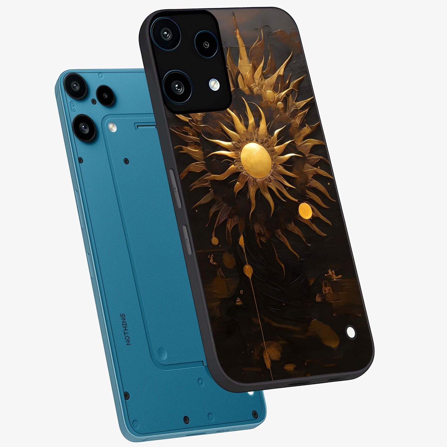 Golden Sun Majesty Glass Case displayed in angled mockup highlighting eerie shadow illustration with gothic aesthetic.