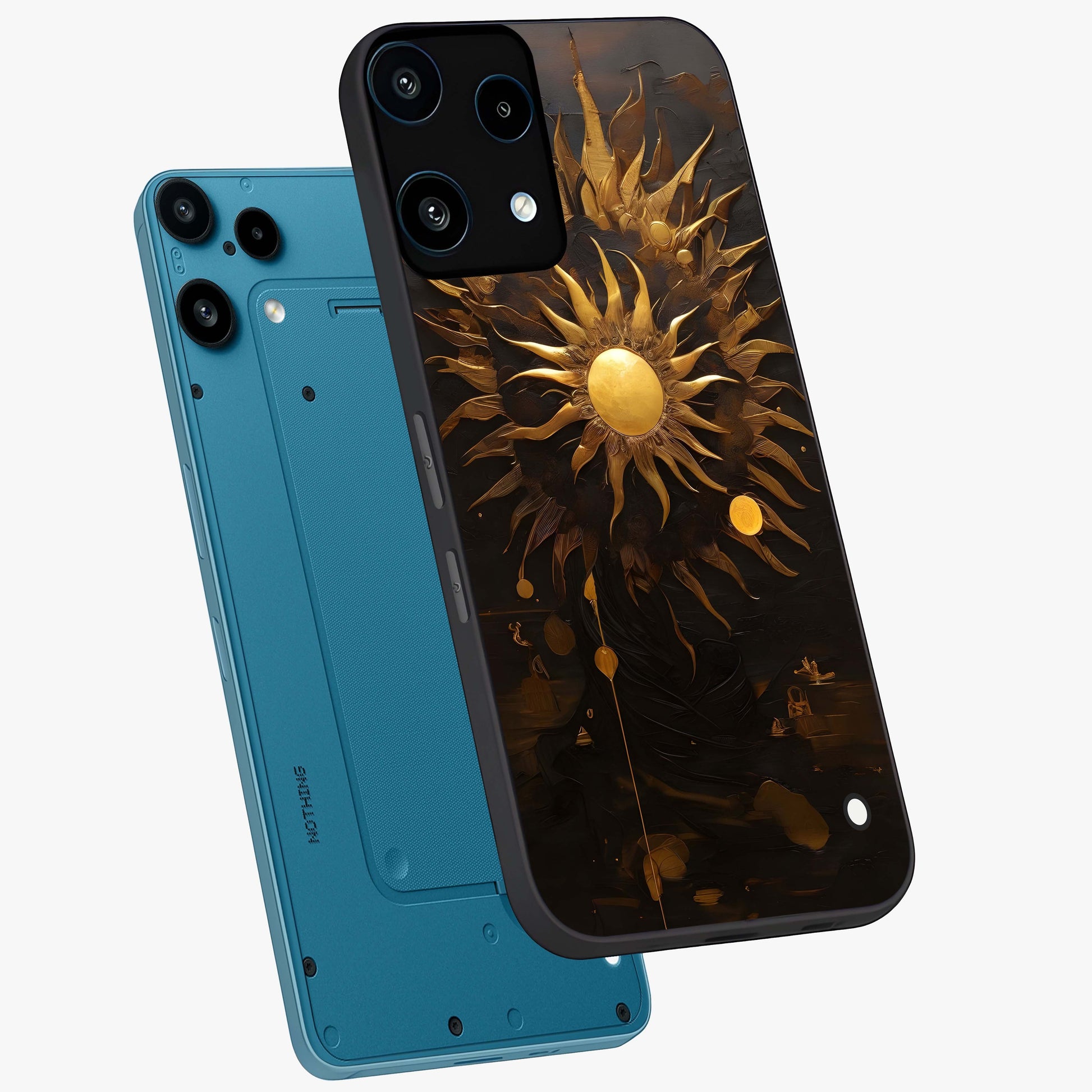 Golden Sun Majesty Glass Case displayed in angled mockup highlighting eerie shadow illustration with gothic aesthetic.