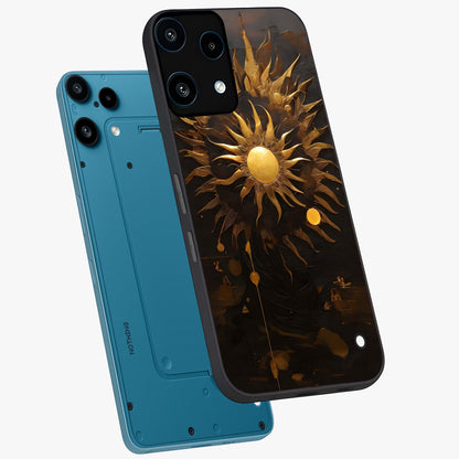 Golden Sun Majesty Glass Case displayed in angled mockup highlighting eerie shadow illustration with gothic aesthetic.