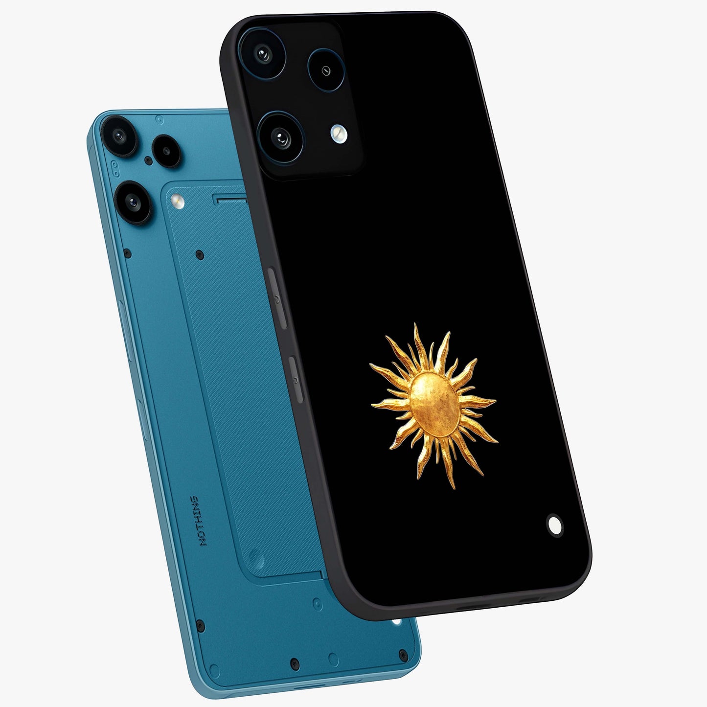 Golden Sun Minimalism Glass Case displayed in angled mockup highlighting eerie shadow illustration with gothic aesthetic.