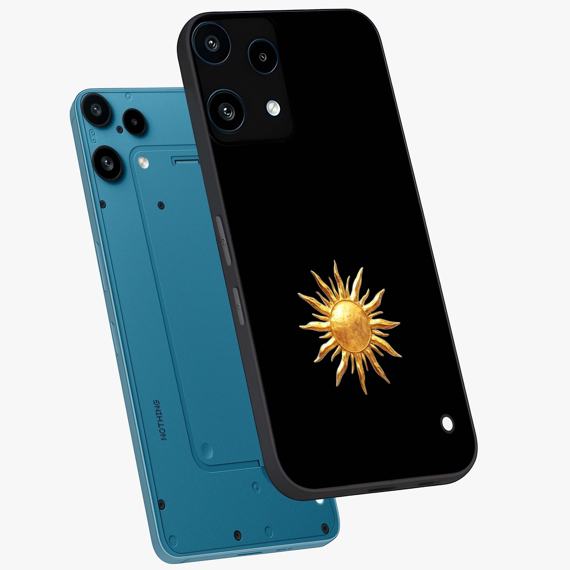 Golden Sun Minimalism Glass Case displayed in angled mockup highlighting eerie shadow illustration with gothic aesthetic.