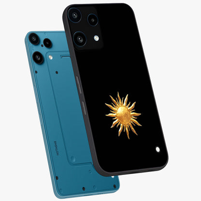 Golden Sun Minimalism Glass Case displayed in angled mockup highlighting eerie shadow illustration with gothic aesthetic.