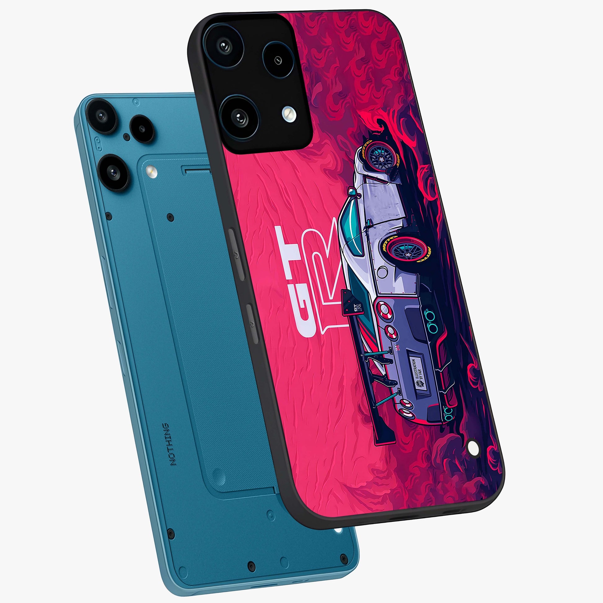 GT-R Car Pattern Glass Case displayed in angled mockup highlighting racing car graphic design with bold automotive aesthetic.