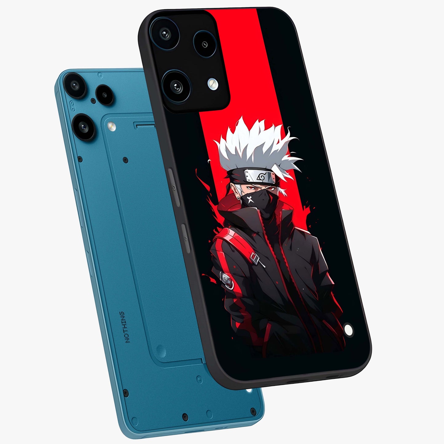 Kakashi Scarlet Shadow Glass Case displayed in angled mockup highlighting dramatic ninja illustration with scarlet themed aesthetic.