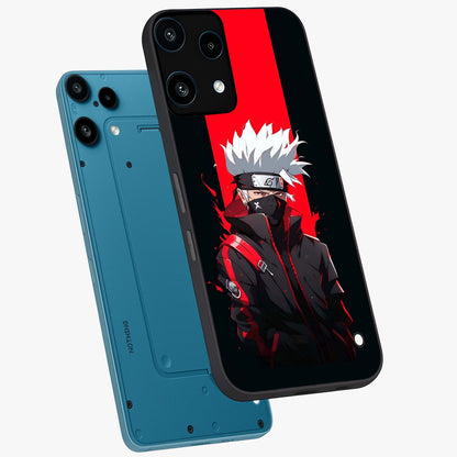 Kakashi Scarlet Shadow Glass Case displayed in angled mockup highlighting dramatic ninja illustration with scarlet themed aesthetic.