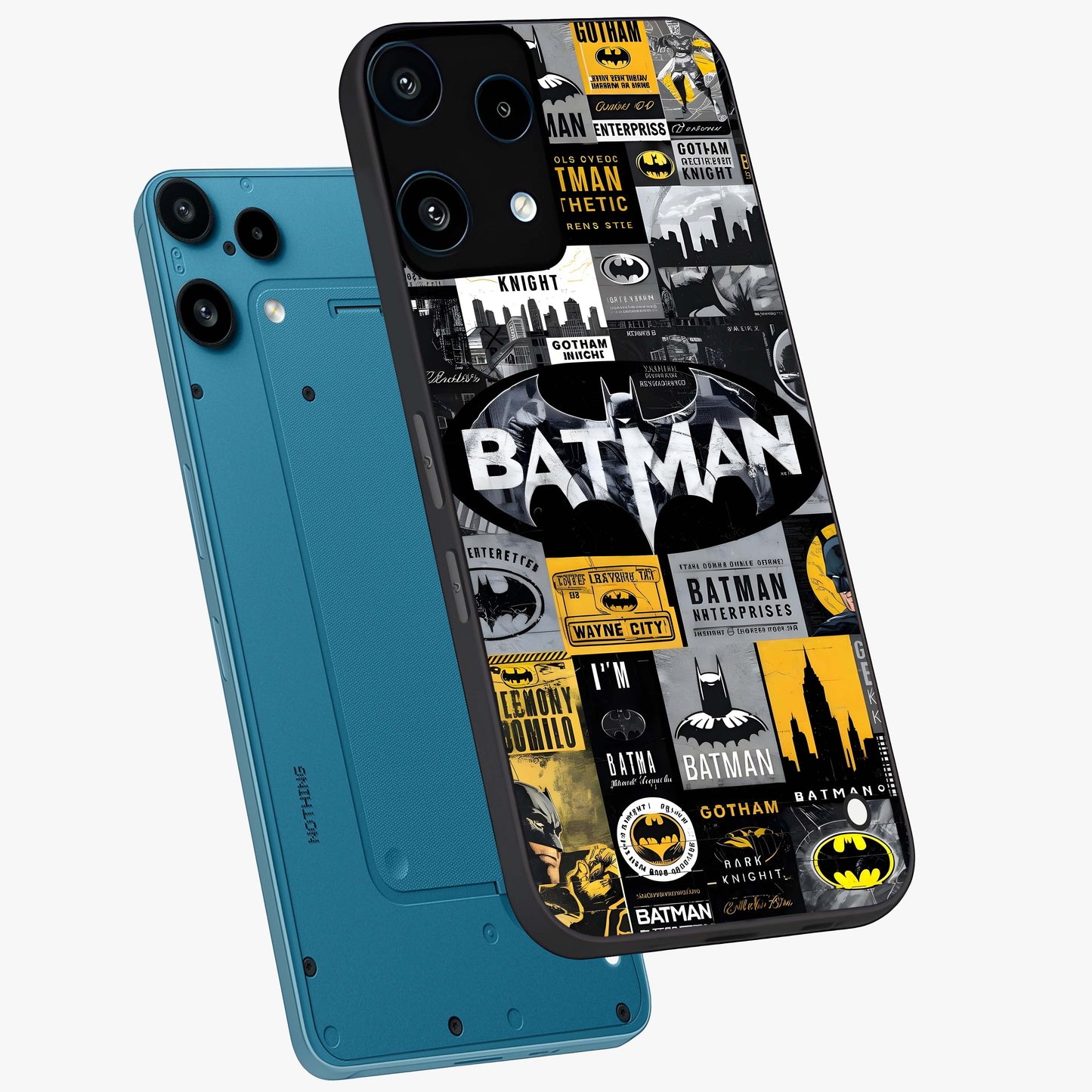 Knight Gotham Rise Glass Case displayed in angled mockup highlighting powerful knight silhouette design with dramatic aesthetic.