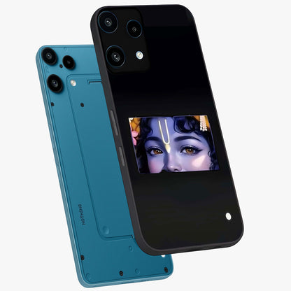 Krishna Divine Embrace Glass Case displayed in angled mockup highlighting divine Krishna illustration with spiritual aesthetic.