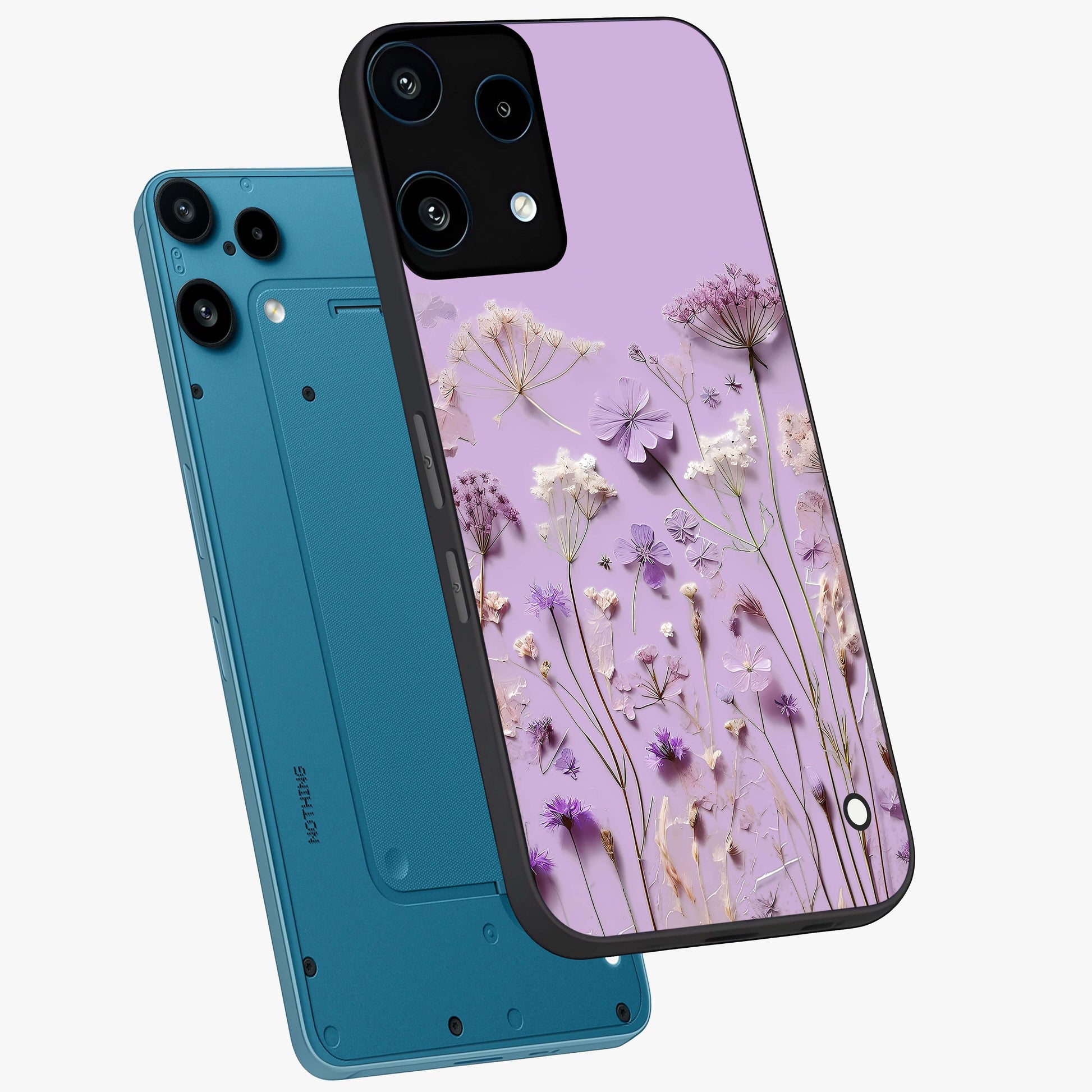 Lavender Blossom Dream Glass Case displayed in angled mockup highlighting dreamy lavender flower design with calming aesthetic style.