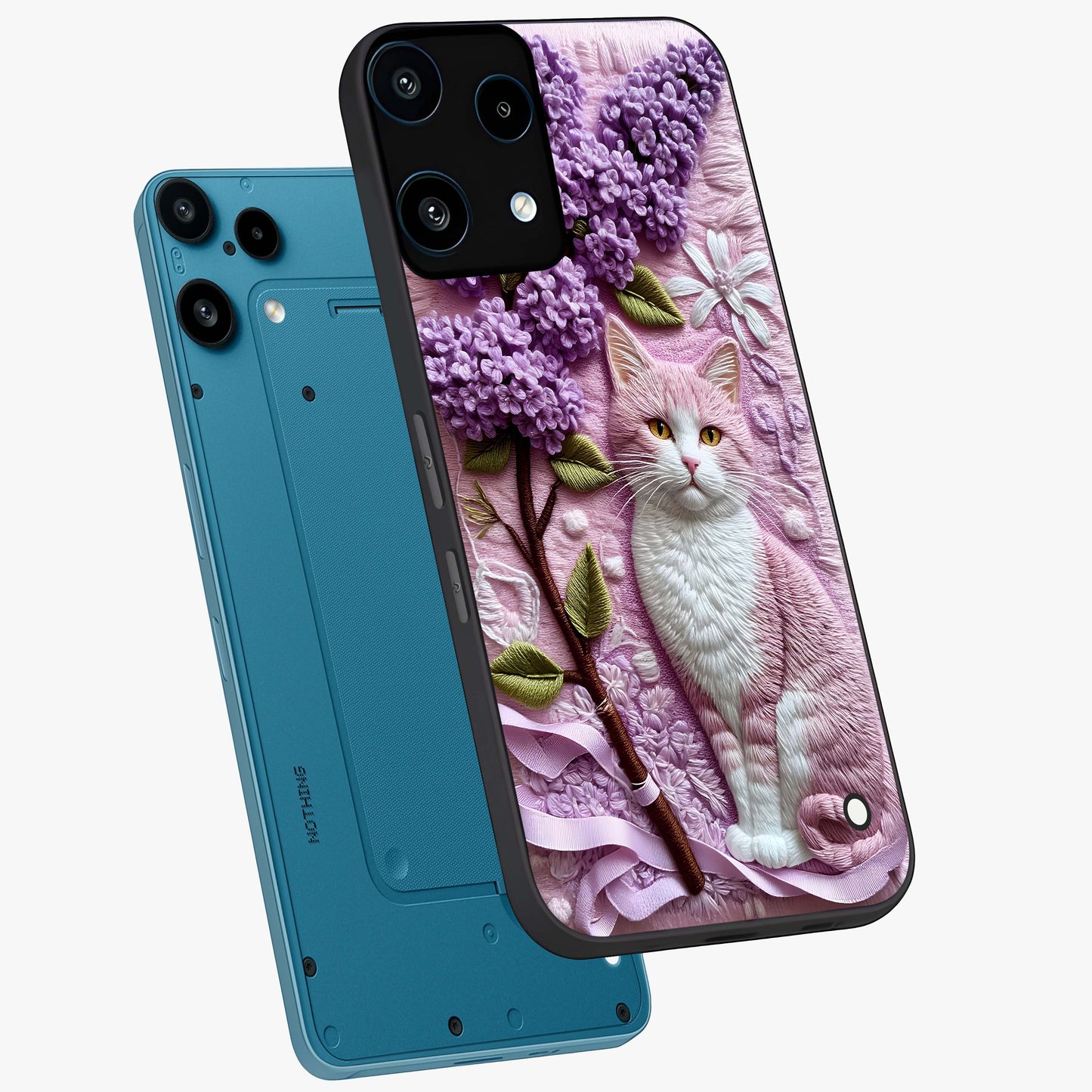 Lavender Cat Whimsy Glass Case displayed in angled mockup highlighting playful feline illustration with pastel lavender aesthetic.