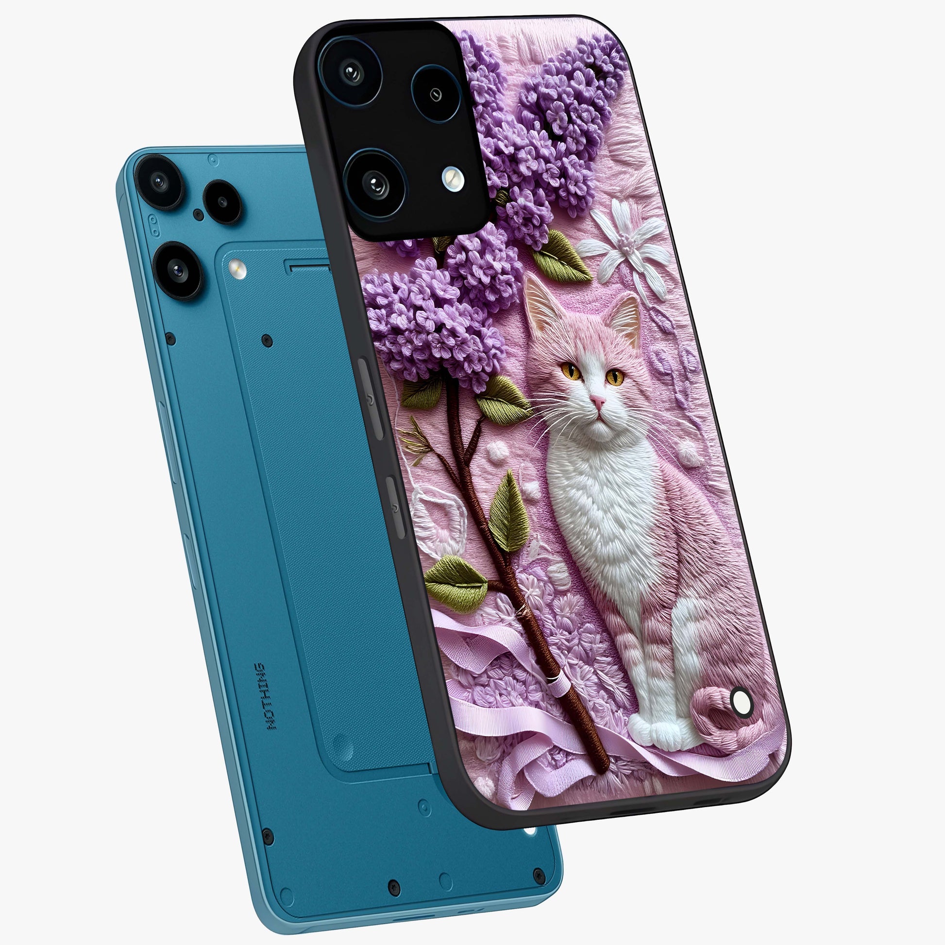 Lavender Cat Whimsy Glass Case displayed in angled mockup highlighting playful feline illustration with pastel lavender aesthetic.