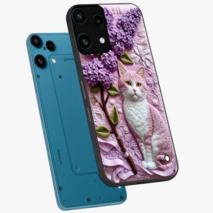 Lavender Cat Whimsy Glass Case displayed in angled mockup highlighting playful feline illustration with pastel lavender aesthetic.