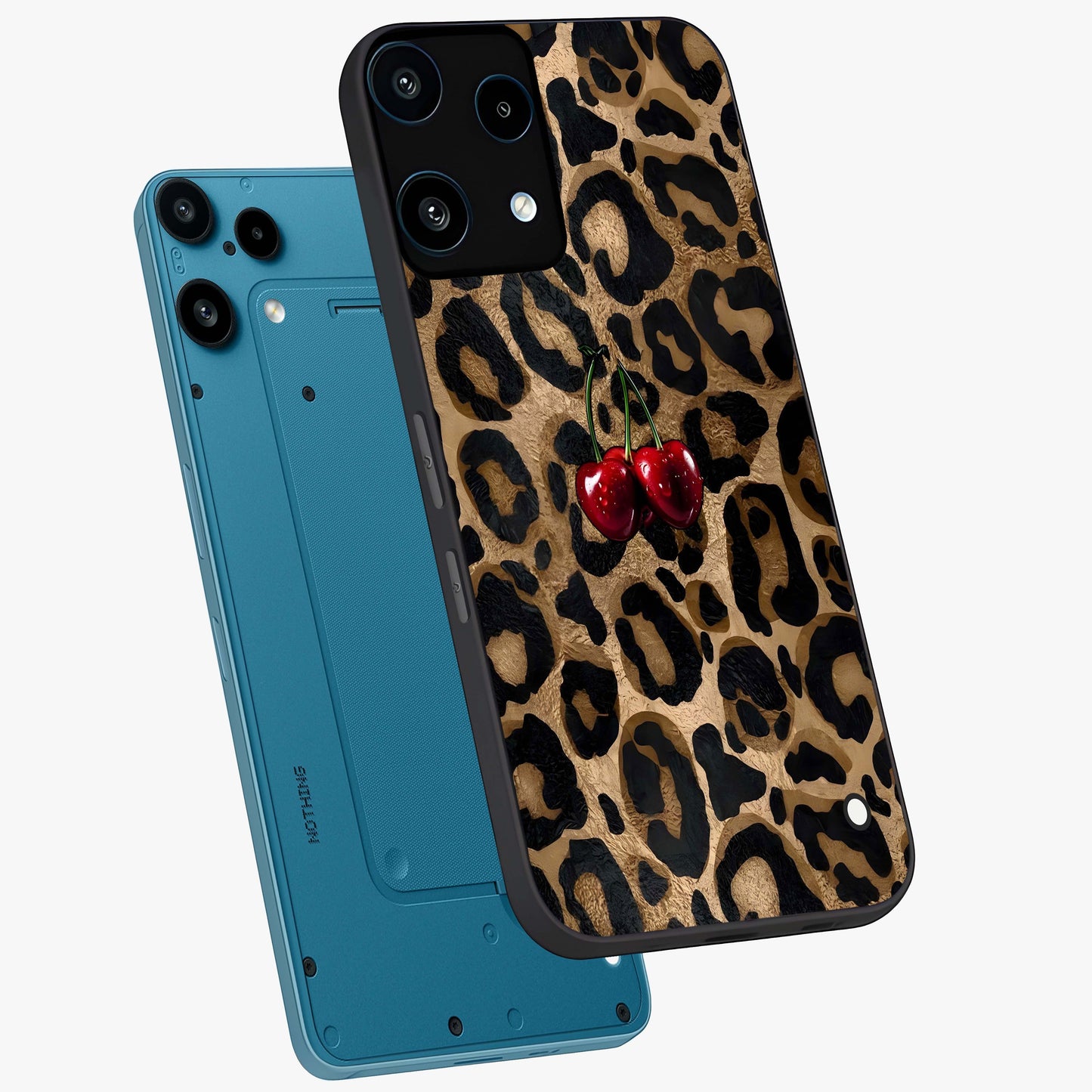 Leopard Wild Cherry Glass Case displayed in angled mockup highlighting bold animal print design with playful cherry aesthetic.
