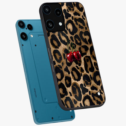 Leopard Wild Cherry Glass Case displayed in angled mockup highlighting bold animal print design with playful cherry aesthetic.