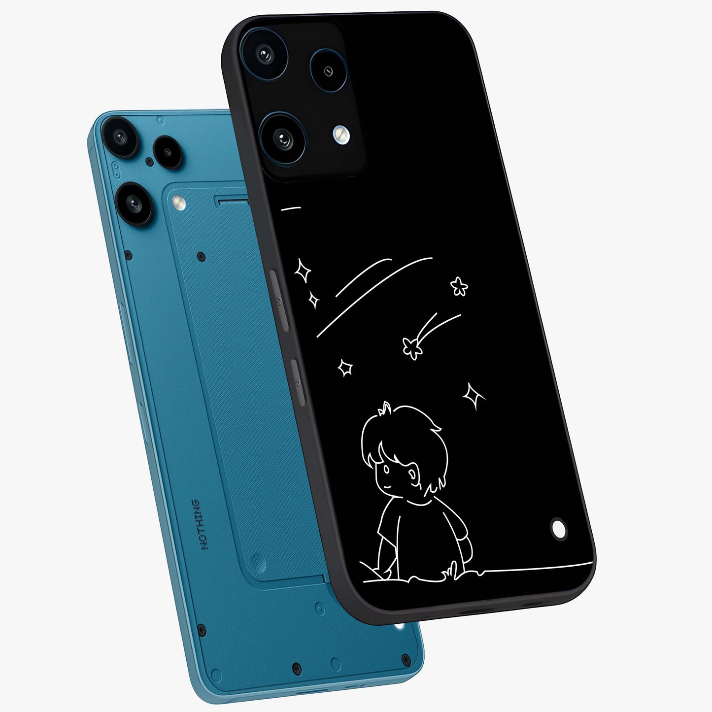 Line Art Boy With Shooting Stars Glass Case displayed in angled mockup highlighting elegant line art design with dreamy star aesthetic.
