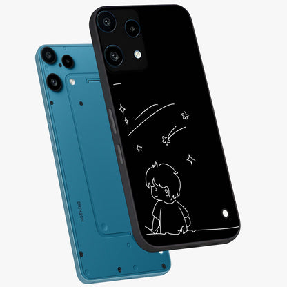 Line Art Boy With Shooting Stars Glass Case displayed in angled mockup highlighting elegant line art design with dreamy star aesthetic.