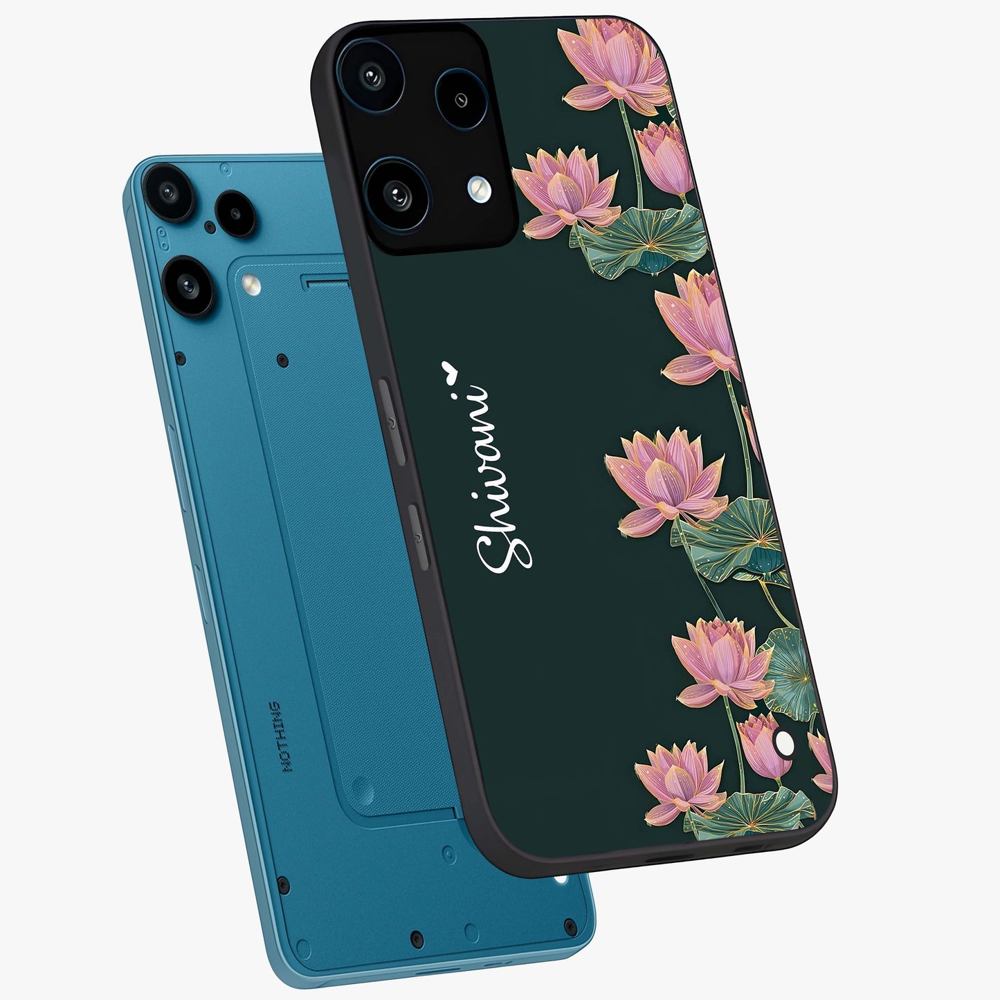 Lotus Bloom Serenity Custom Name Glass Case displayed in angled mockup highlighting graceful lotus illustration with custom name feature.