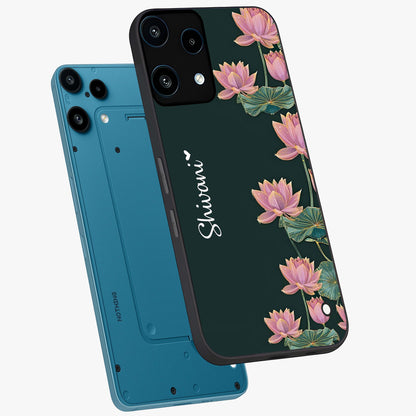 Lotus Bloom Serenity Custom Name Glass Case displayed in angled mockup highlighting graceful lotus illustration with custom name feature.