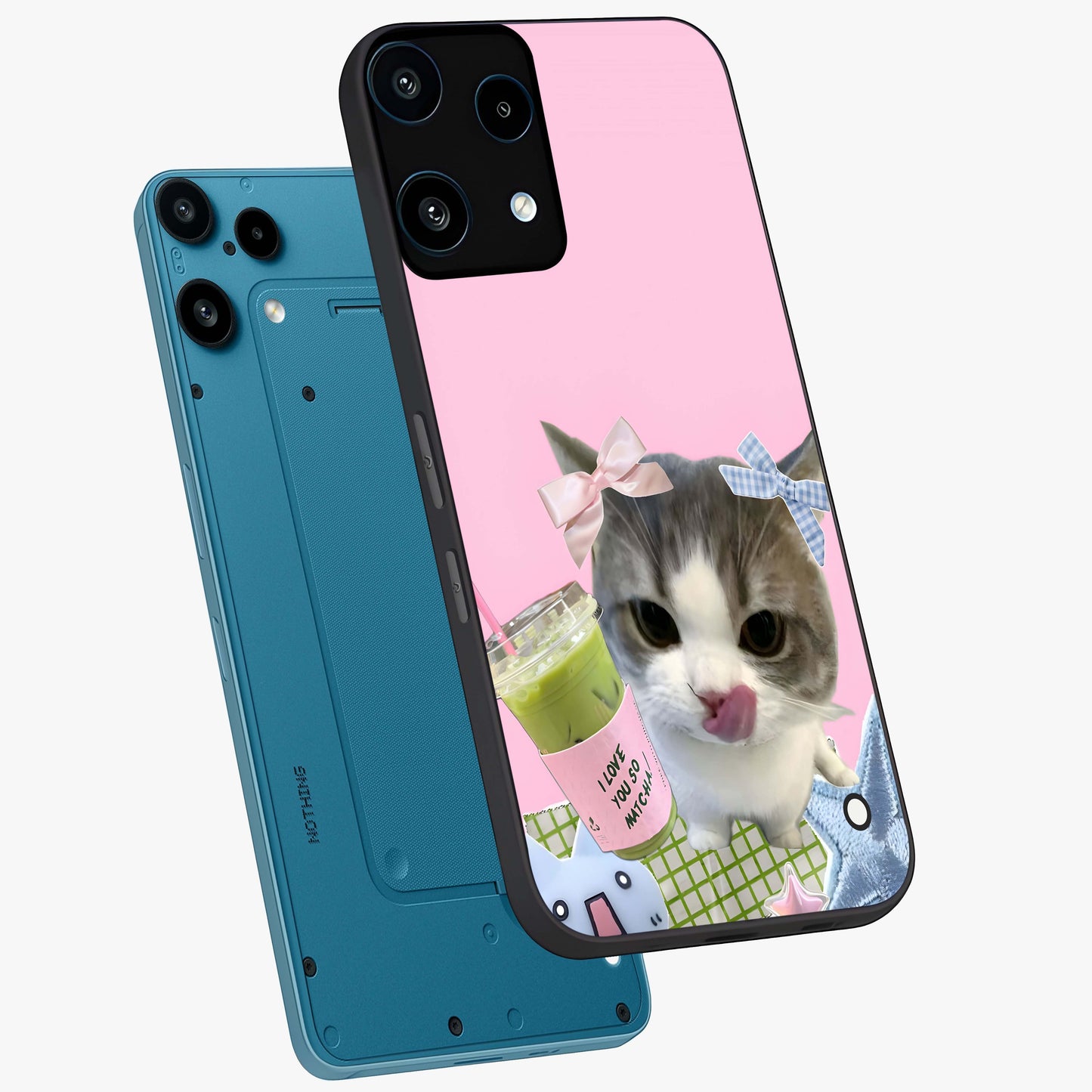 Love Matcha Cat Glass Case displayed in angled mockup highlighting playful feline illustration with cozy matcha aesthetic.