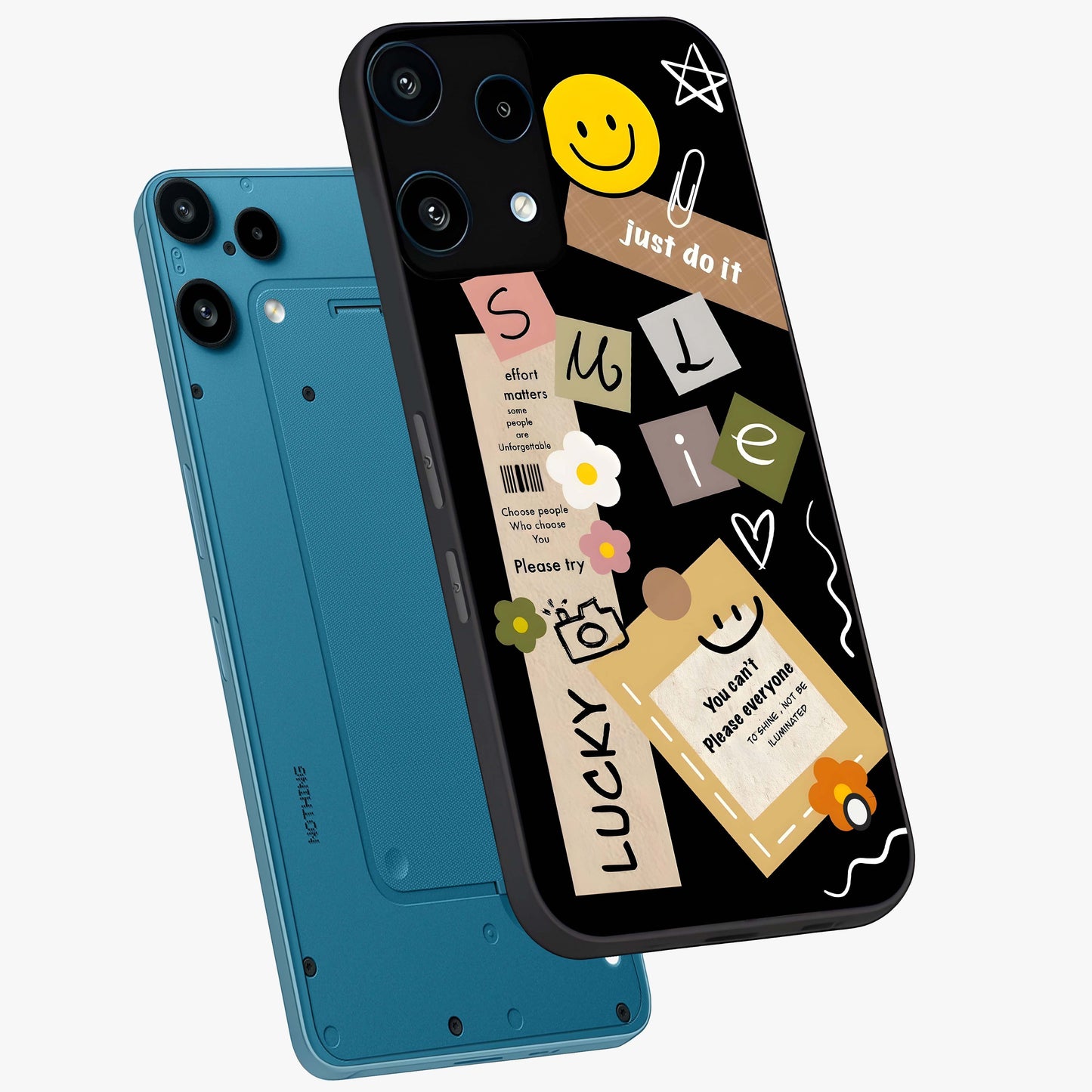 Lucky Aesthetic Collage Glass Case displayed in angled mockup highlighting stylish collage pattern with modern aesthetic vibe.
