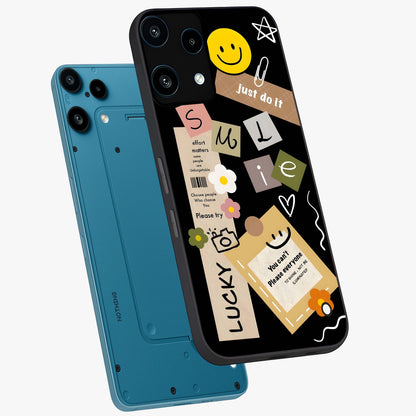 Lucky Aesthetic Collage Glass Case displayed in angled mockup highlighting stylish collage pattern with modern aesthetic vibe.