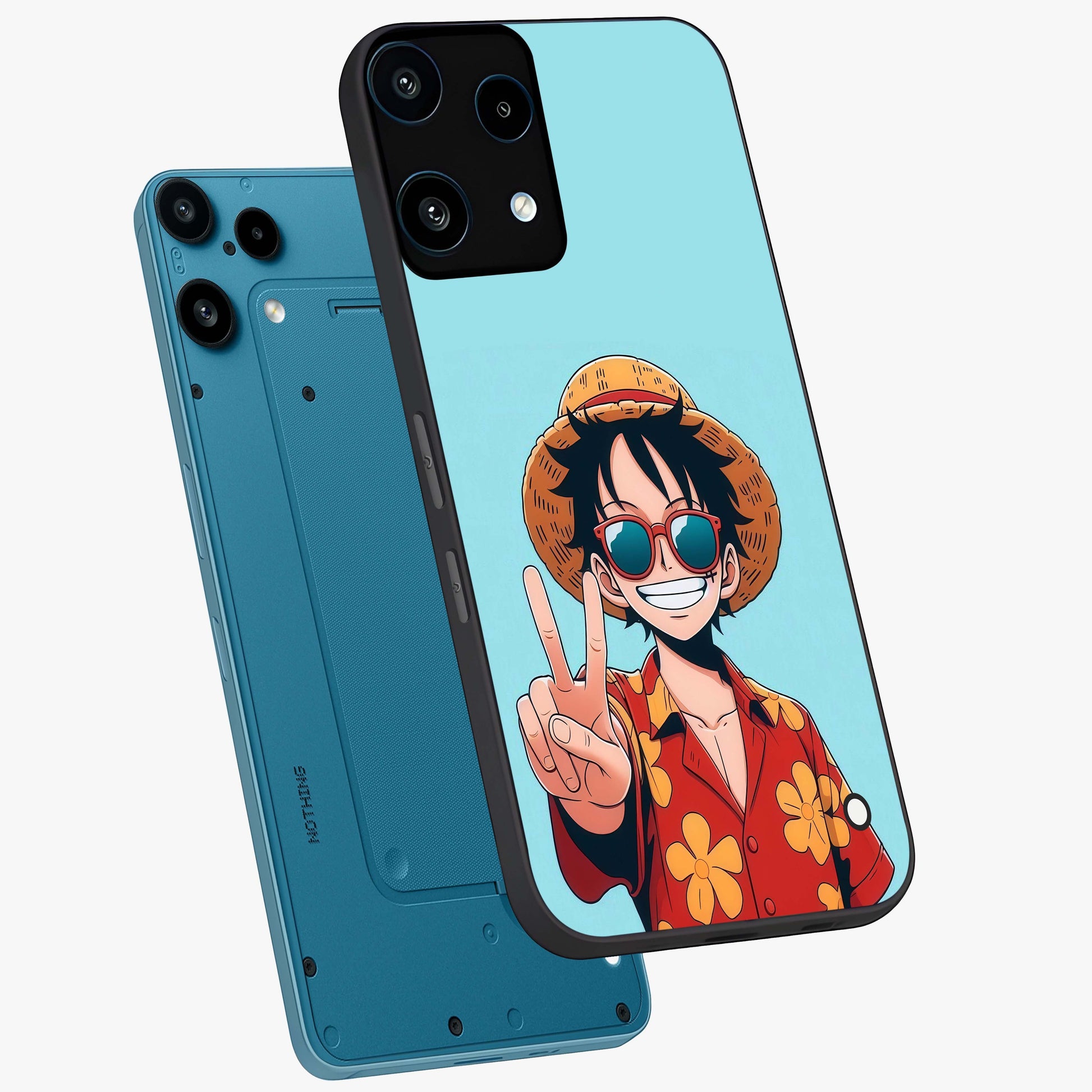 Luffy Summer Anime Vibe Glass Case displayed in angled mockup highlighting energetic anime illustration with summer vibe aesthetic.