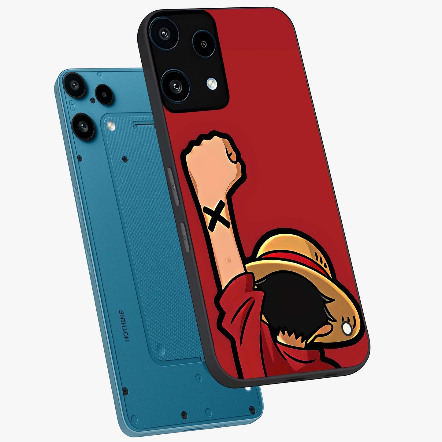 Luffy X Spirit Glass Case displayed in angled mockup highlighting powerful anime design with energetic action aesthetic.