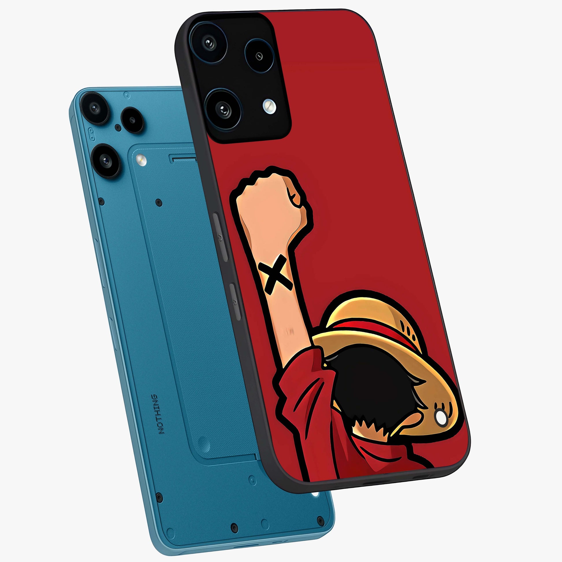 Luffy X Spirit Glass Case displayed in angled mockup highlighting powerful anime design with energetic action aesthetic.