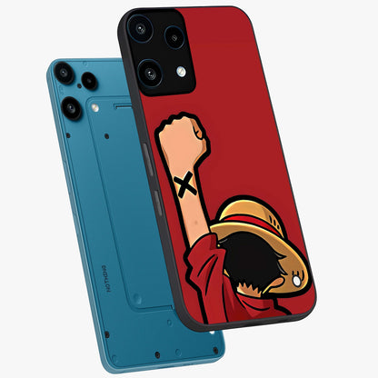 Luffy X Spirit Glass Case displayed in angled mockup highlighting powerful anime design with energetic action aesthetic.