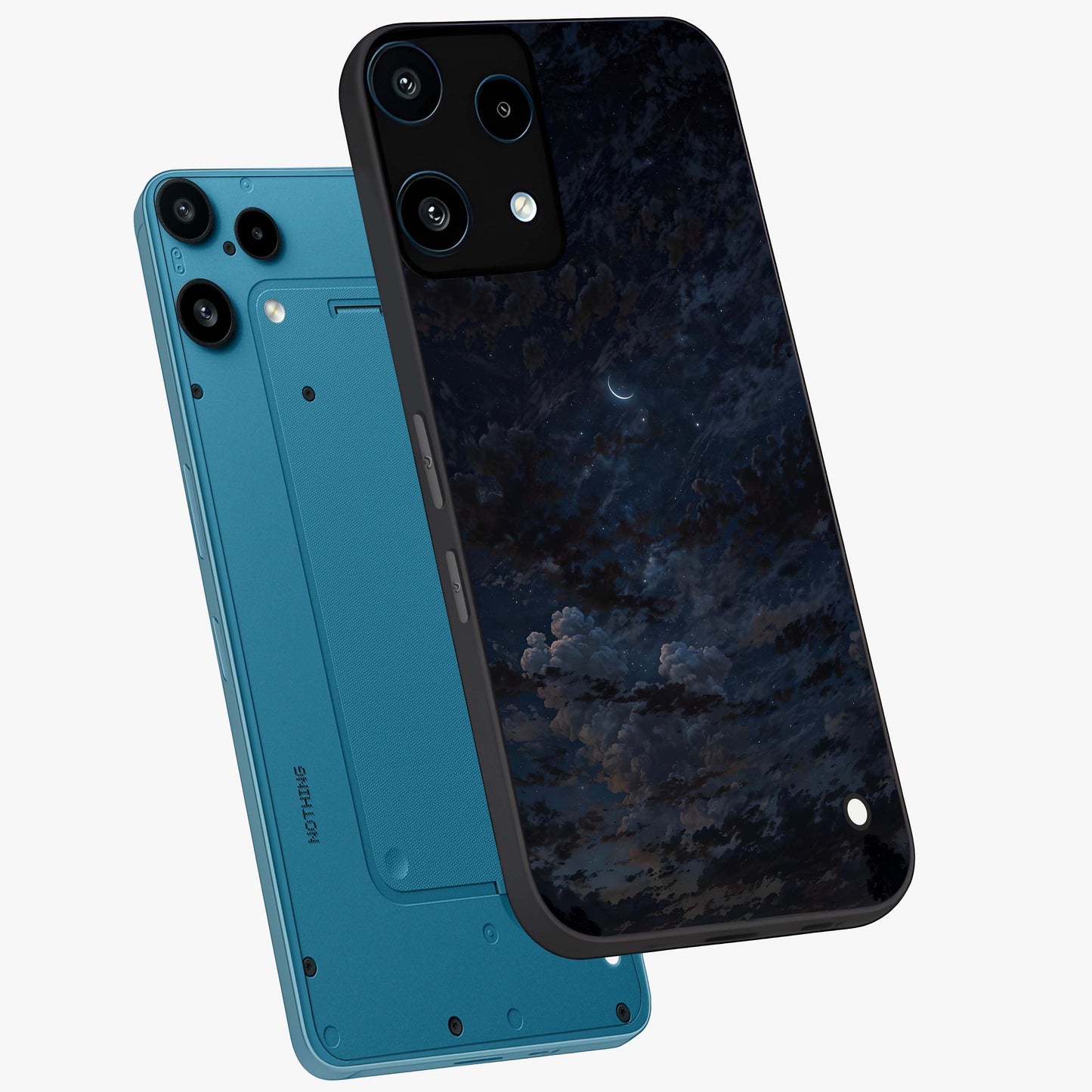 Lunar Veil Silence Glass Case displayed in angled mockup highlighting soft lunar design with peaceful celestial aesthetic.