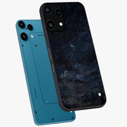 Lunar Veil Silence Glass Case displayed in angled mockup highlighting soft lunar design with peaceful celestial aesthetic.