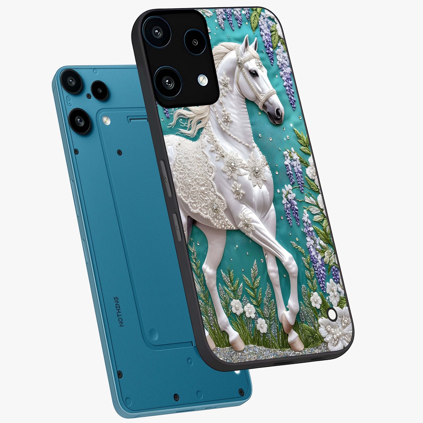 Majestic Floral Stallion Glass Case displayed in angled mockup highlighting majestic stallion illustration with elegant floral aesthetic.