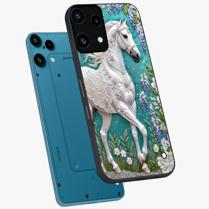 Majestic Floral Stallion Glass Case displayed in angled mockup highlighting majestic stallion illustration with elegant floral aesthetic.