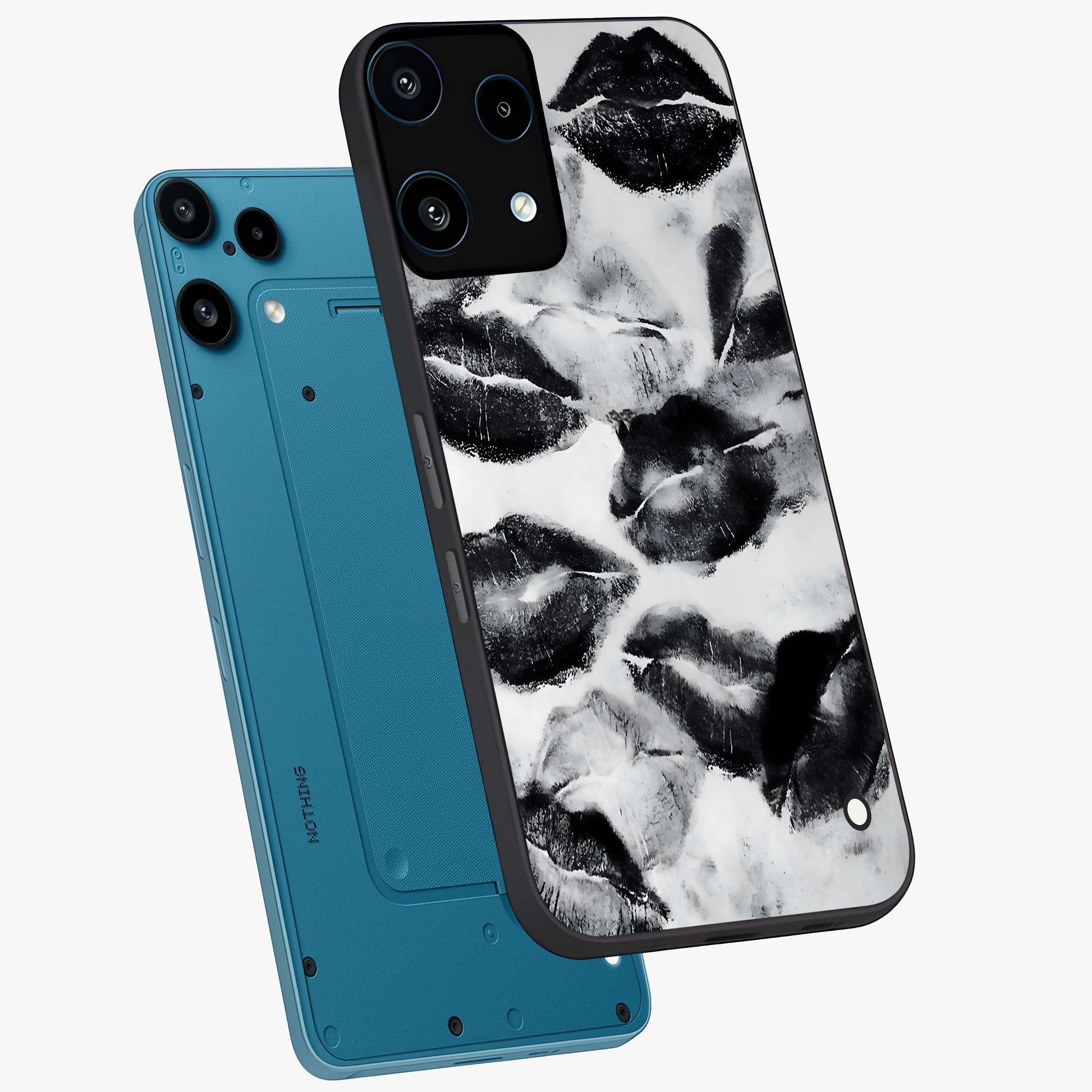 Midnight Kiss Marks Glass Case displayed in angled mockup highlighting playful romantic design with bold midnight aesthetic.