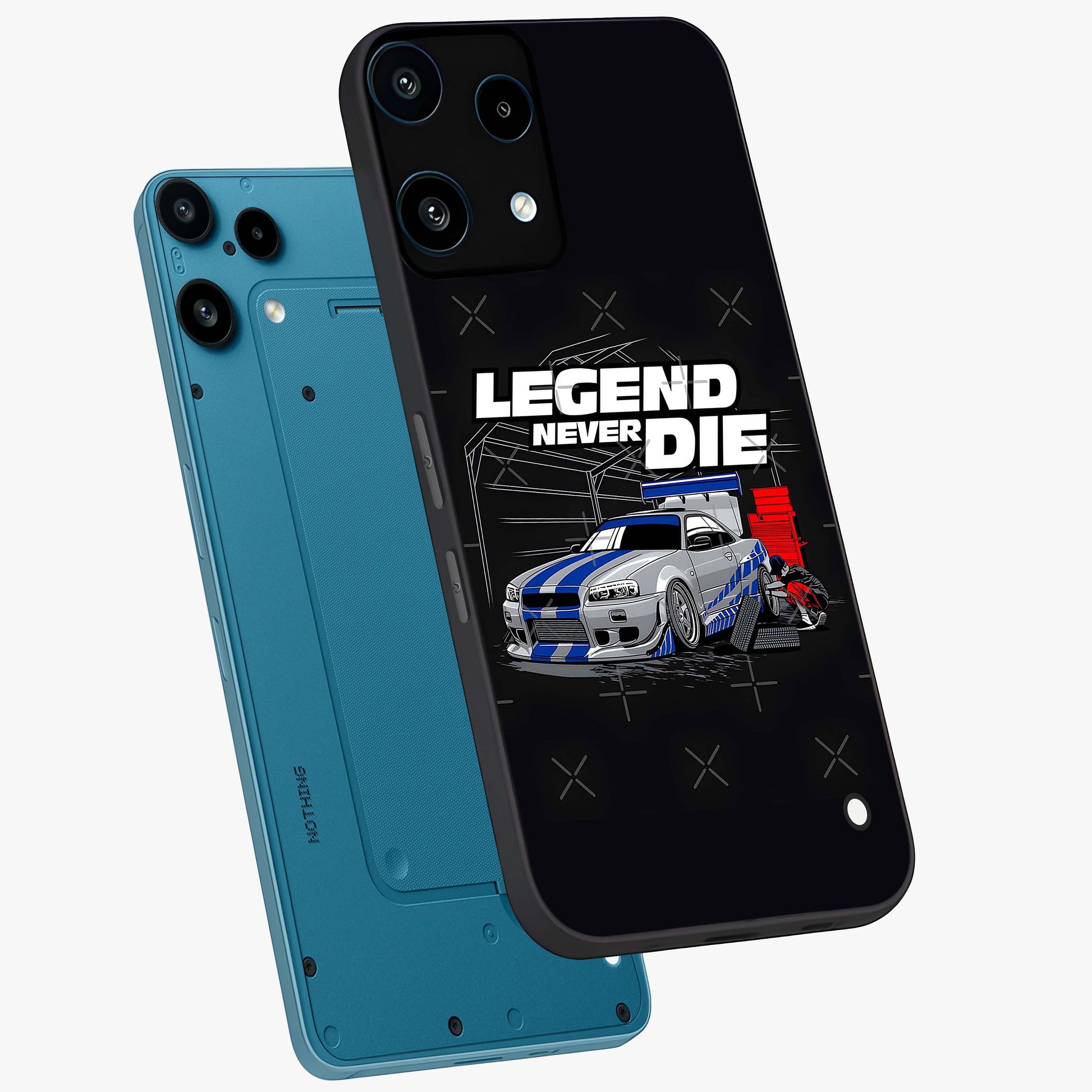 Midnight Racing Legacy Glass Case displayed in angled mockup highlighting dynamic automotive design with bold midnight aesthetic.