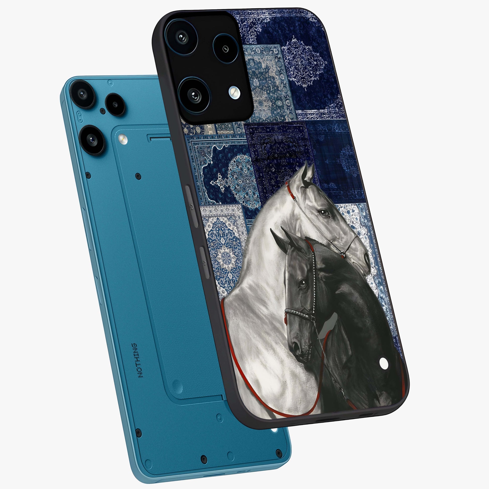 Midnight Stallion Blues Glass Case displayed in angled mockup highlighting powerful stallion illustration with deep midnight tones.