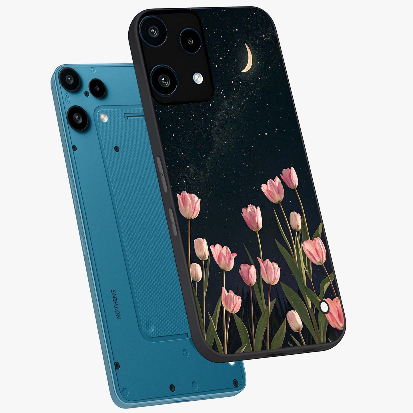 Midnight Tulip Whispers Vibe Glass Case displayed in angled mockup highlighting delicate tulip design with midnight floral aesthetic.