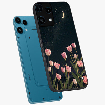 Midnight Tulip Whispers Vibe Glass Case displayed in angled mockup highlighting delicate tulip design with midnight floral aesthetic.