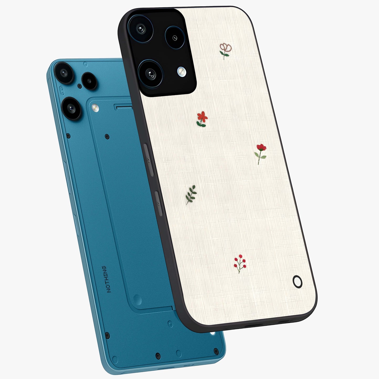 Minimalistic Blue With White Flower Pattern Glass Case displayed in angled mockup highlighting simple floral design with minimal aesthetic.