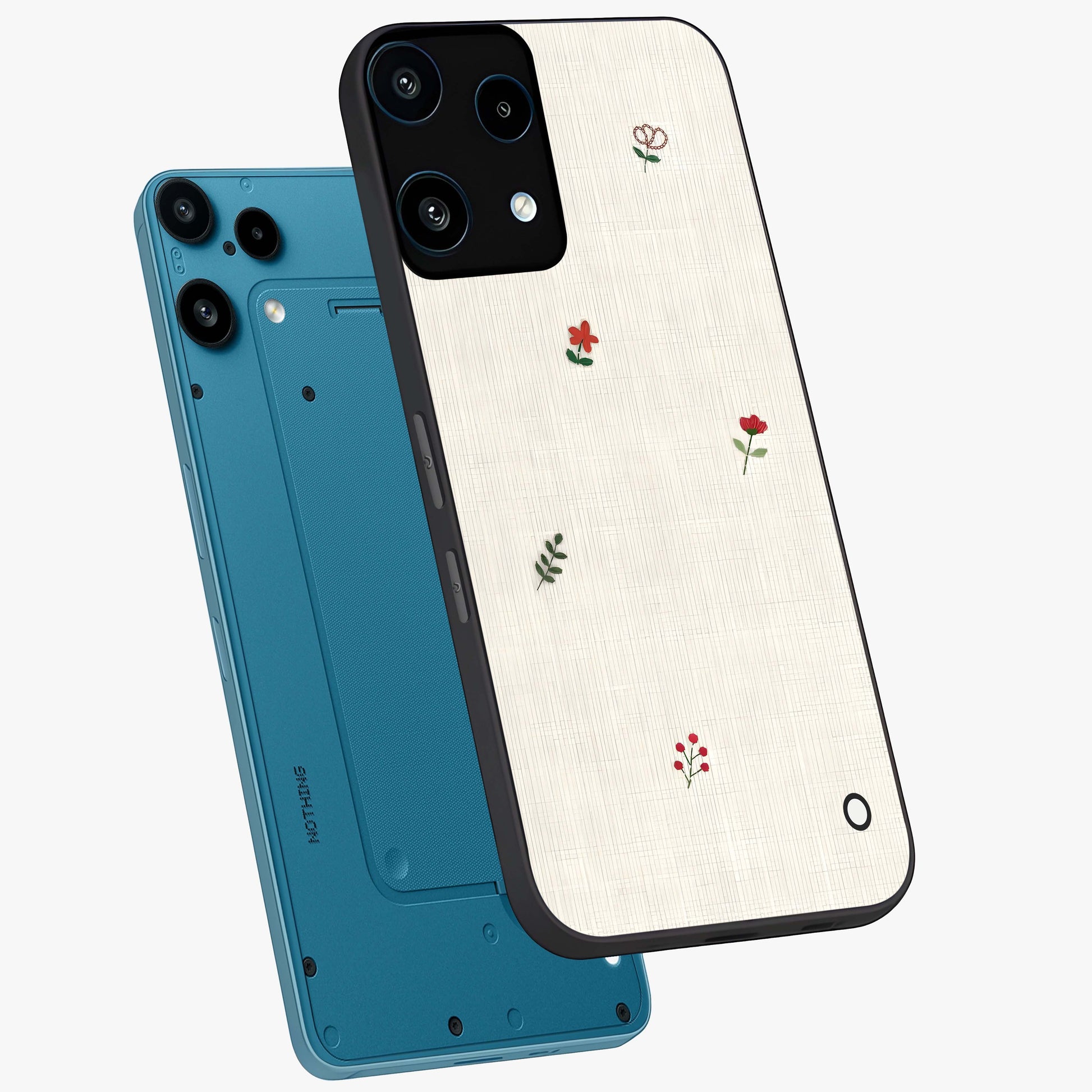 Minimalistic Blue With White Flower Pattern Glass Case displayed in angled mockup highlighting simple floral design with minimal aesthetic.