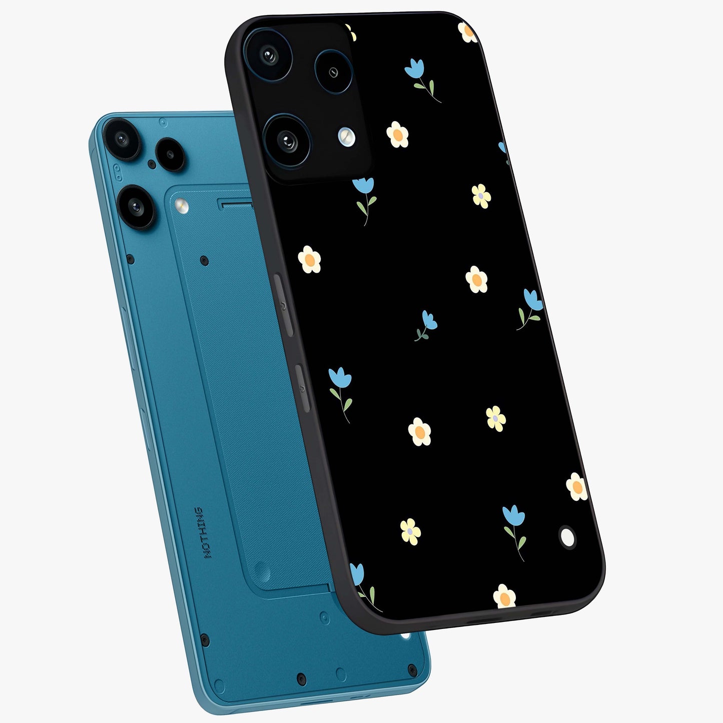 Minimal Petal Whispers Glass Case displayed in angled mockup highlighting delicate petal design with clean minimal aesthetic.