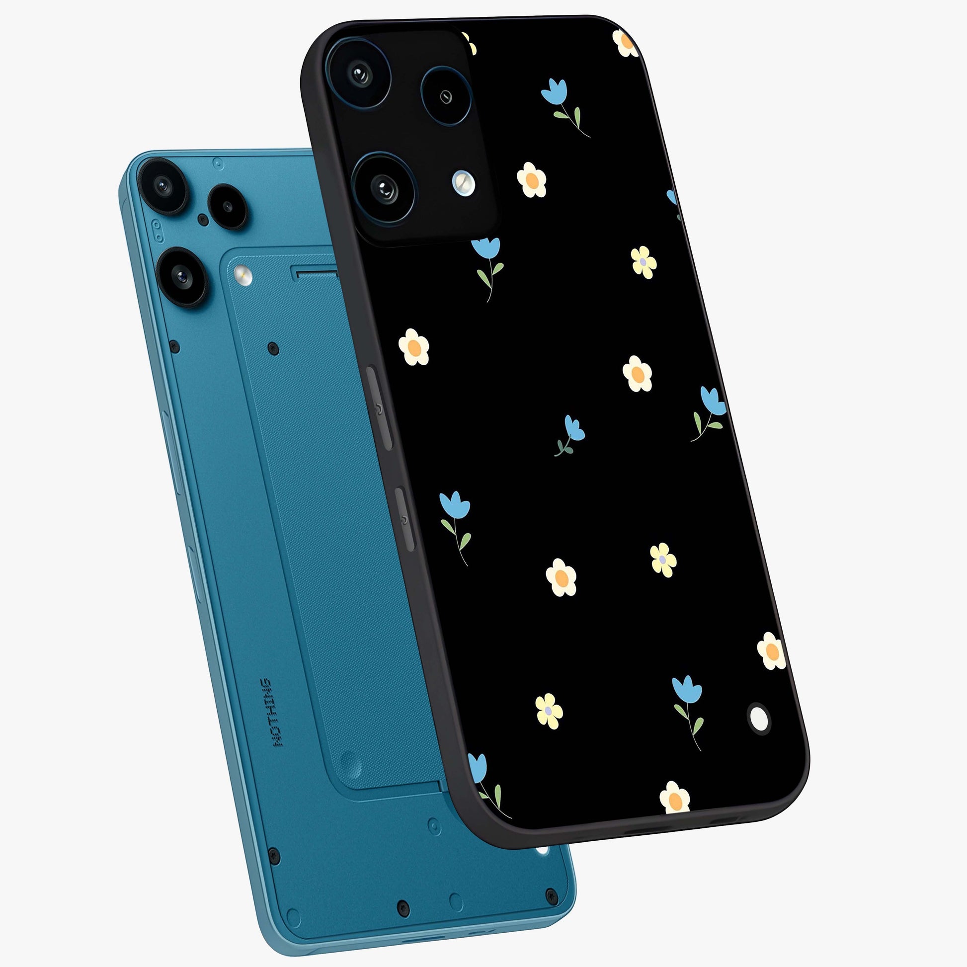 Minimal Petal Whispers Glass Case displayed in angled mockup highlighting delicate petal design with clean minimal aesthetic.