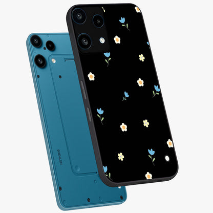 Minimal Petal Whispers Glass Case displayed in angled mockup highlighting delicate petal design with clean minimal aesthetic.