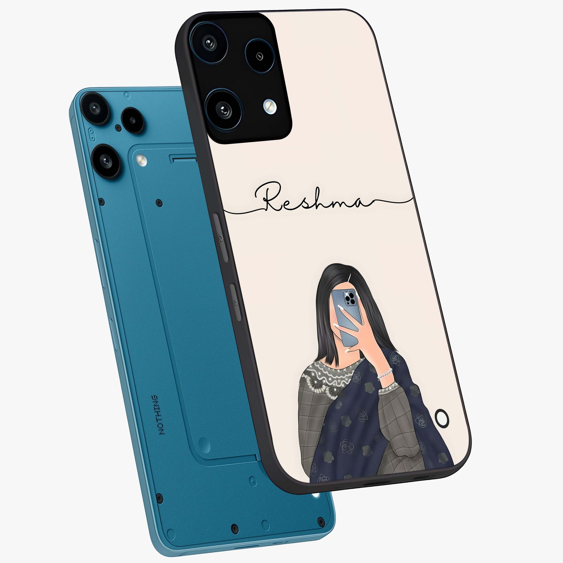 Mirror Mood Muse With Custom Name Glass Case displayed in angled mockup highlighting aesthetic mirror inspired design with custom name feature.