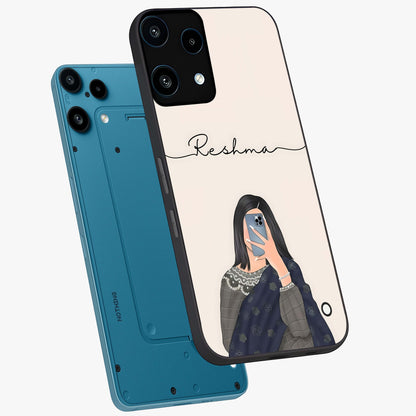 Mirror Mood Muse With Custom Name Glass Case displayed in angled mockup highlighting aesthetic mirror inspired design with custom name feature.
